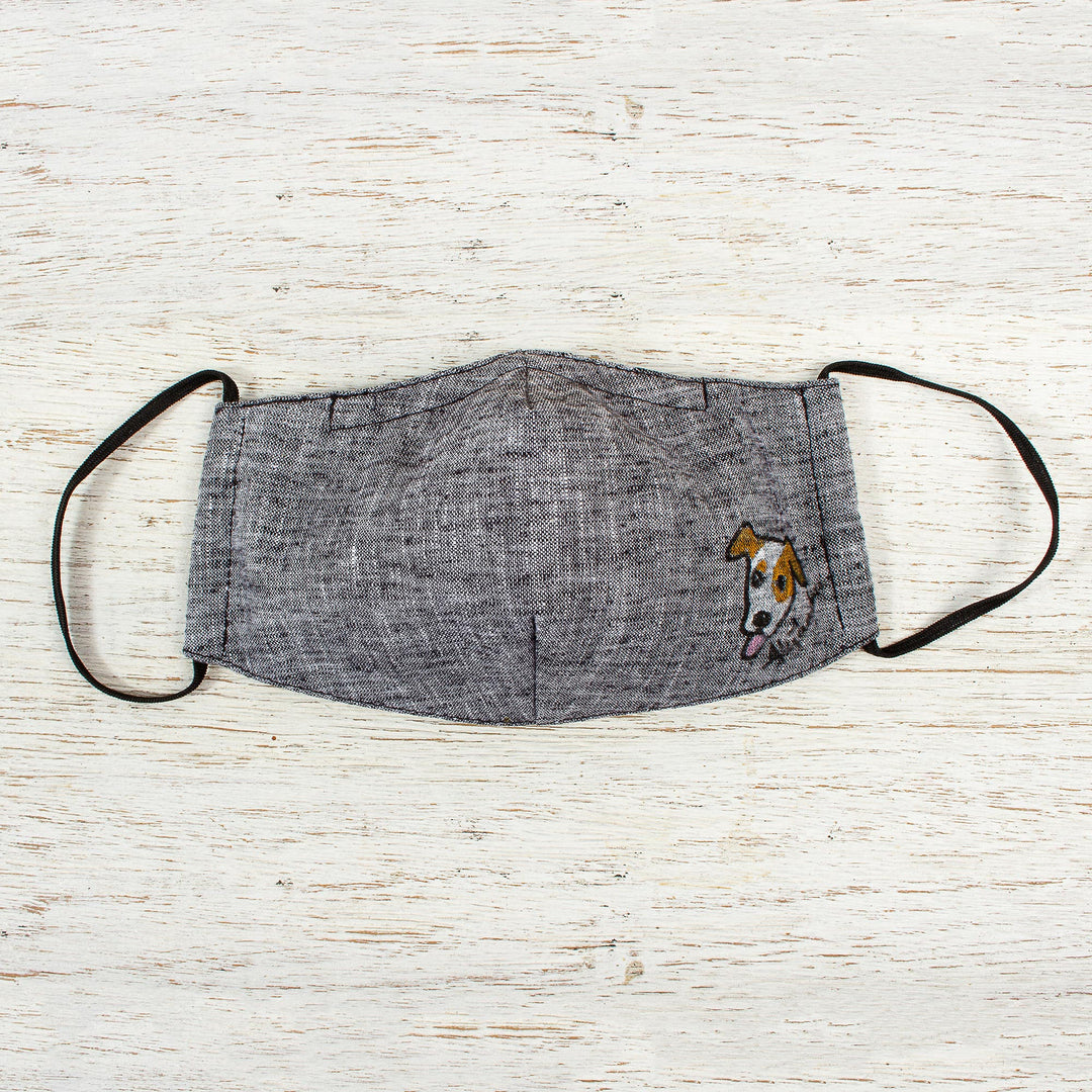 Hand-Painted Cotton Chambray 3-Layer Ear Loop Dog Mask - Grey Chambray Pup