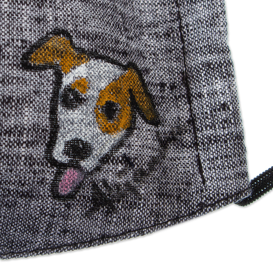 Hand-Painted Cotton Chambray 3-Layer Ear Loop Dog Mask - Grey Chambray Pup