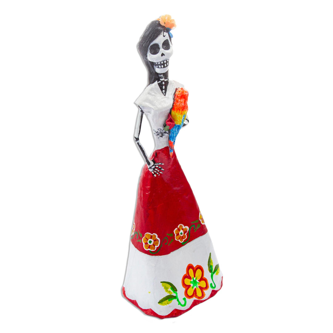 Handmade Papier Mache Catrina Sculpture with Macaw - Catrina with Macaw