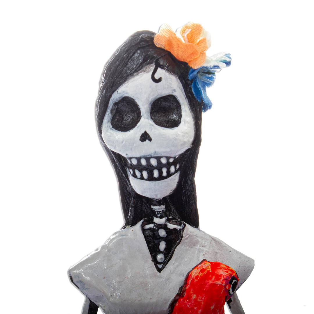 Handmade Papier Mache Catrina Sculpture with Macaw - Catrina with Macaw