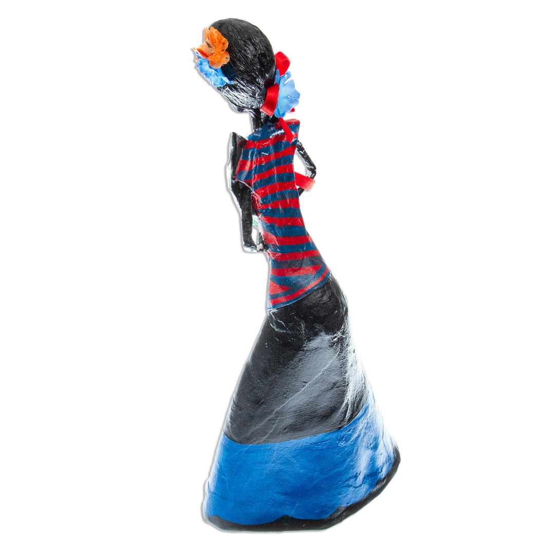 Mexican Skeletal Catrina Papier Mache Statuette - Catrina with Lilies