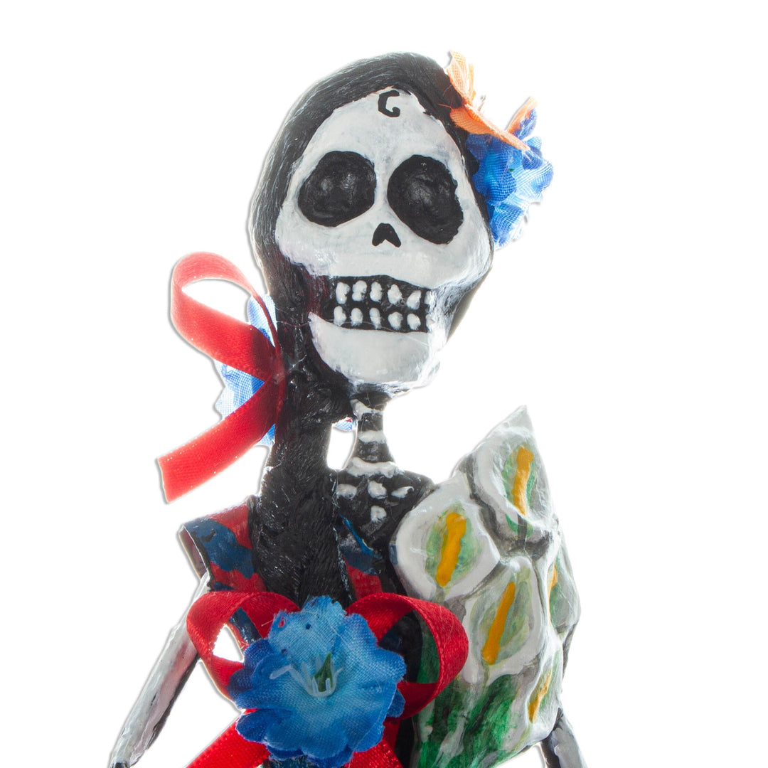 Mexican Skeletal Catrina Papier Mache Statuette - Catrina with Lilies