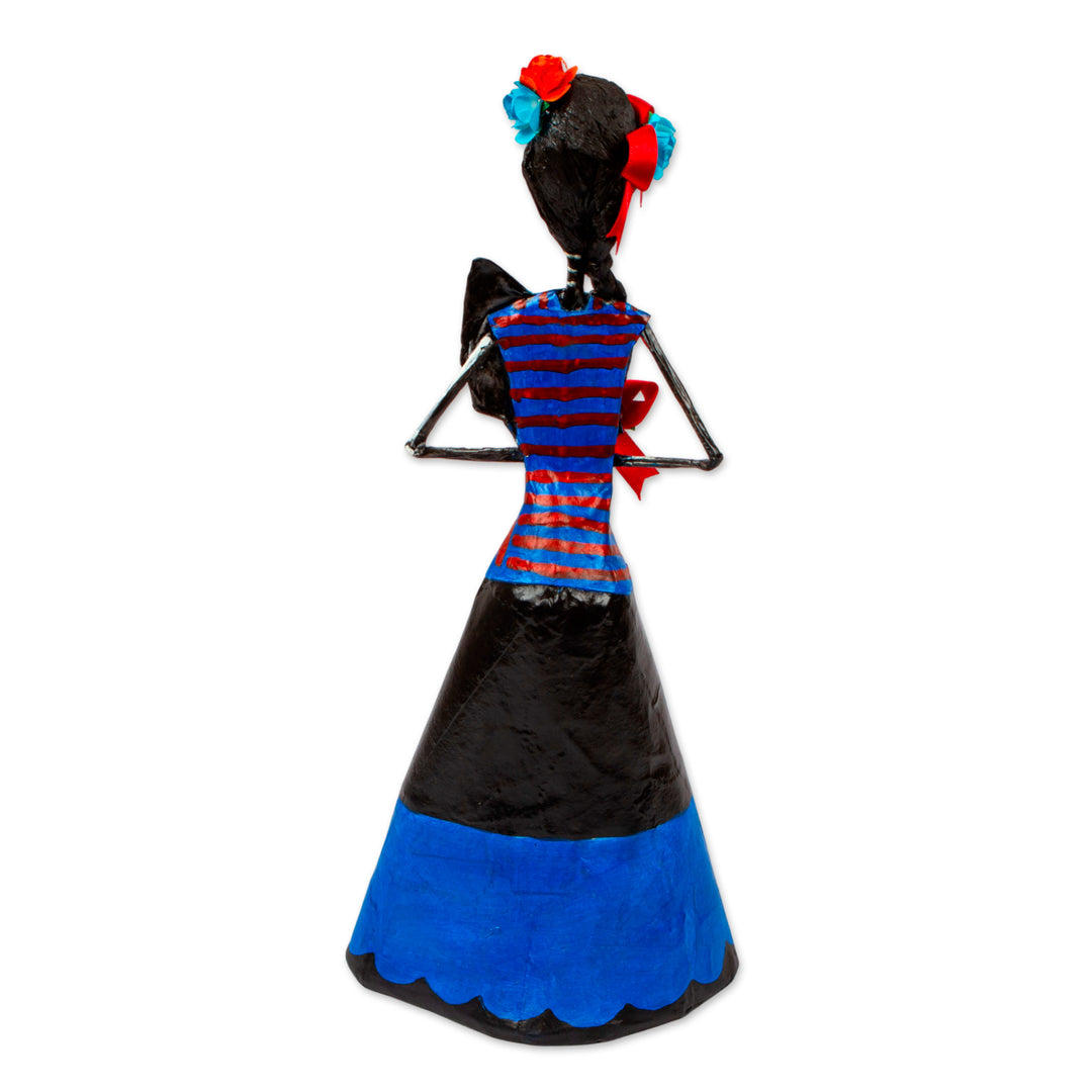 Mexican Skeletal Catrina Papier Mache Statuette - Catrina with Lilies