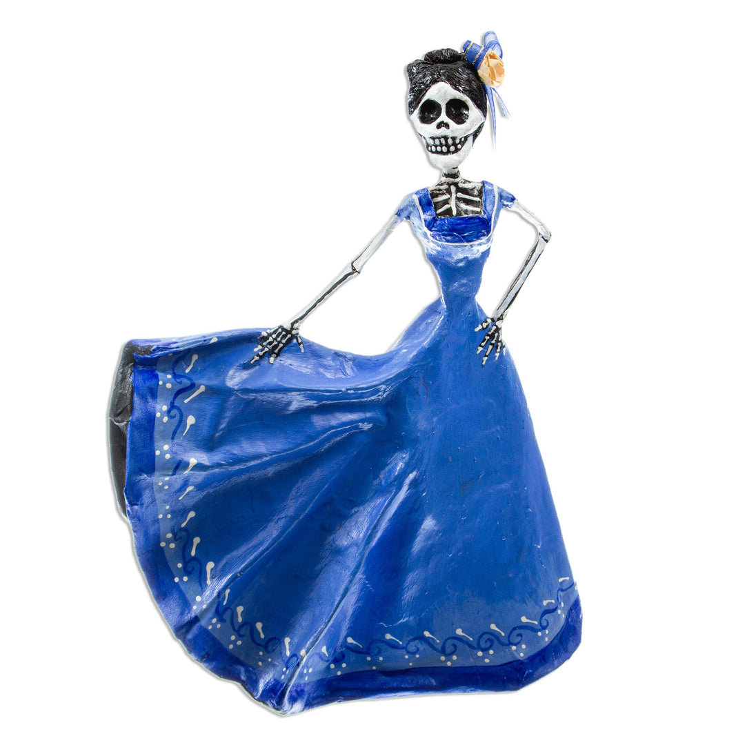 Dancing Catrina Handmade Papier Mache Statuette - Dancing Catrina in Blue