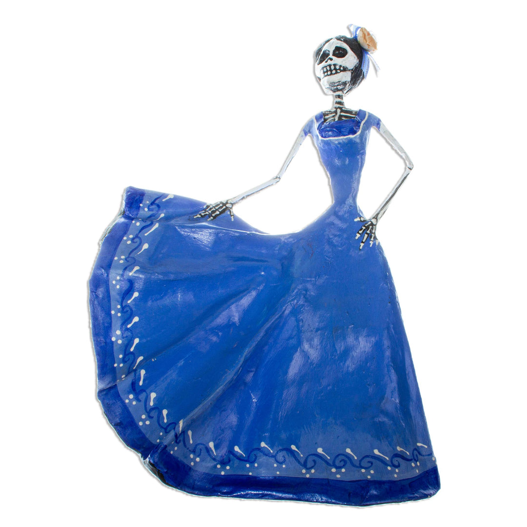 Dancing Catrina Handmade Papier Mache Statuette - Dancing Catrina in Blue