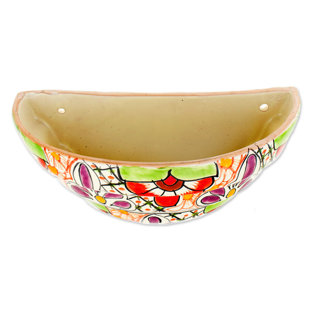 Half Round Talavera Style Ceramic Wall Planter - Colorful Garden