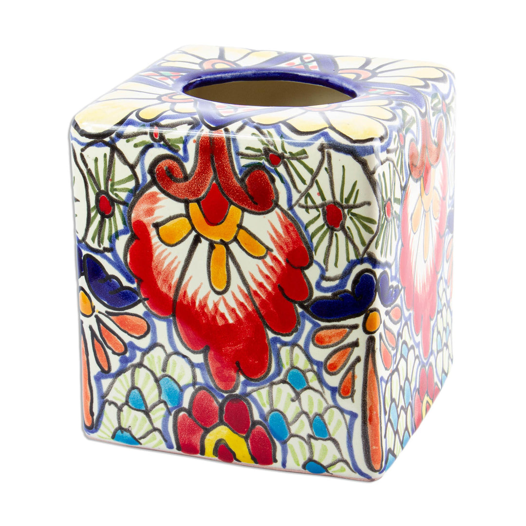 Talavera-Style Ceramic Tissue Box Cover - Talavera Flowers