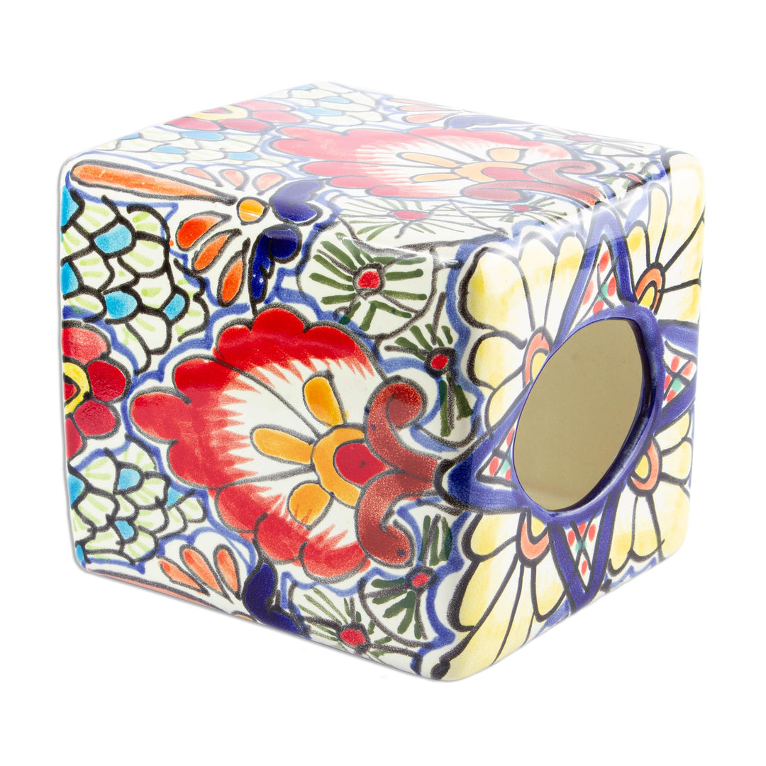 Talavera-Style Ceramic Tissue Box Cover - Talavera Flowers