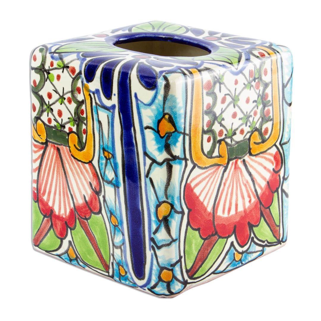 Hand Painted Talavera Style Tissue Box Cover - Talavera Bouquet