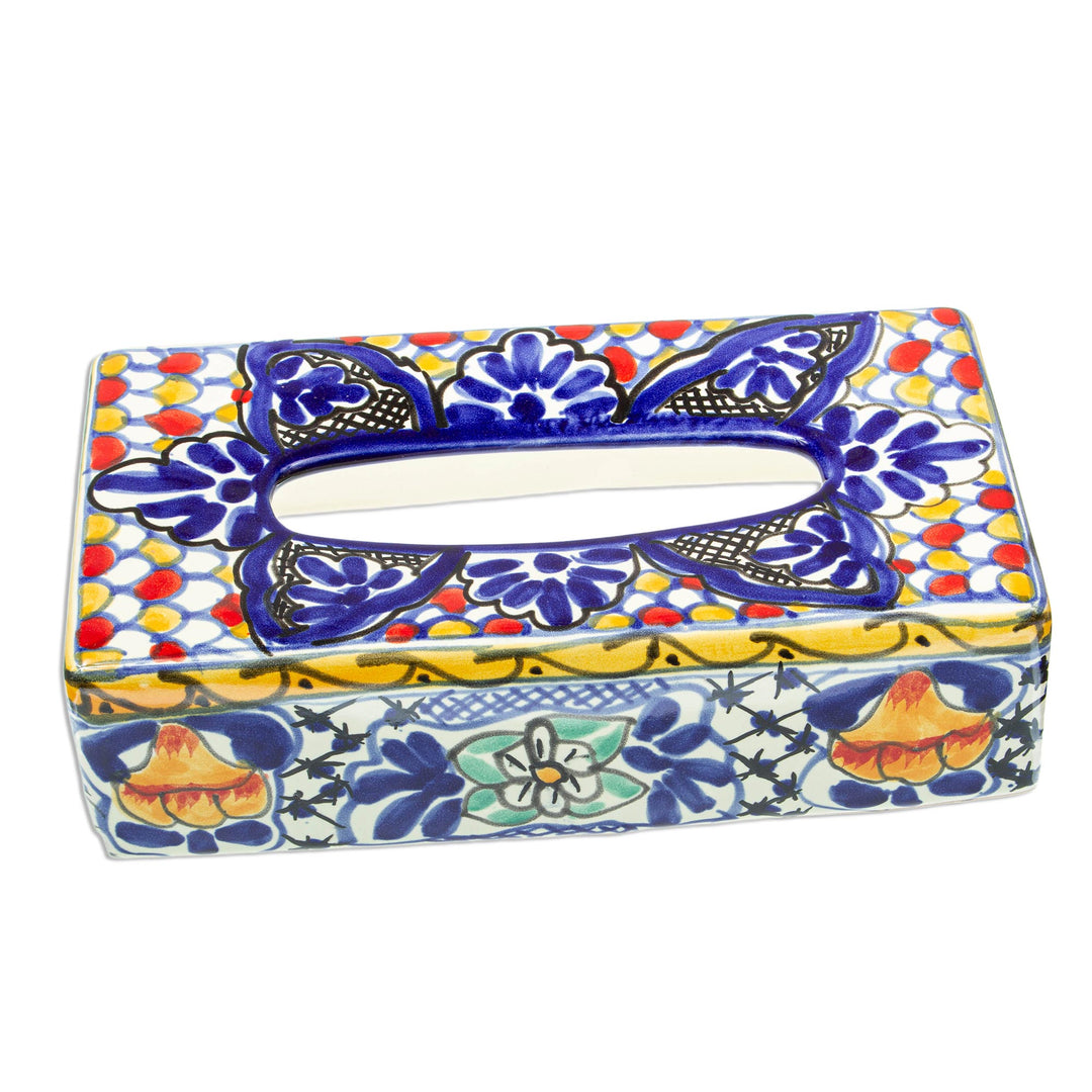 Colorful Ceramic Tissue Box Cover - Cobalt Flowers