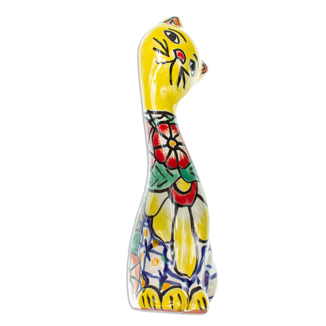 Talavera Style Yellow Floral Ceramic Cat Statuette - Yellow Talavera Cat