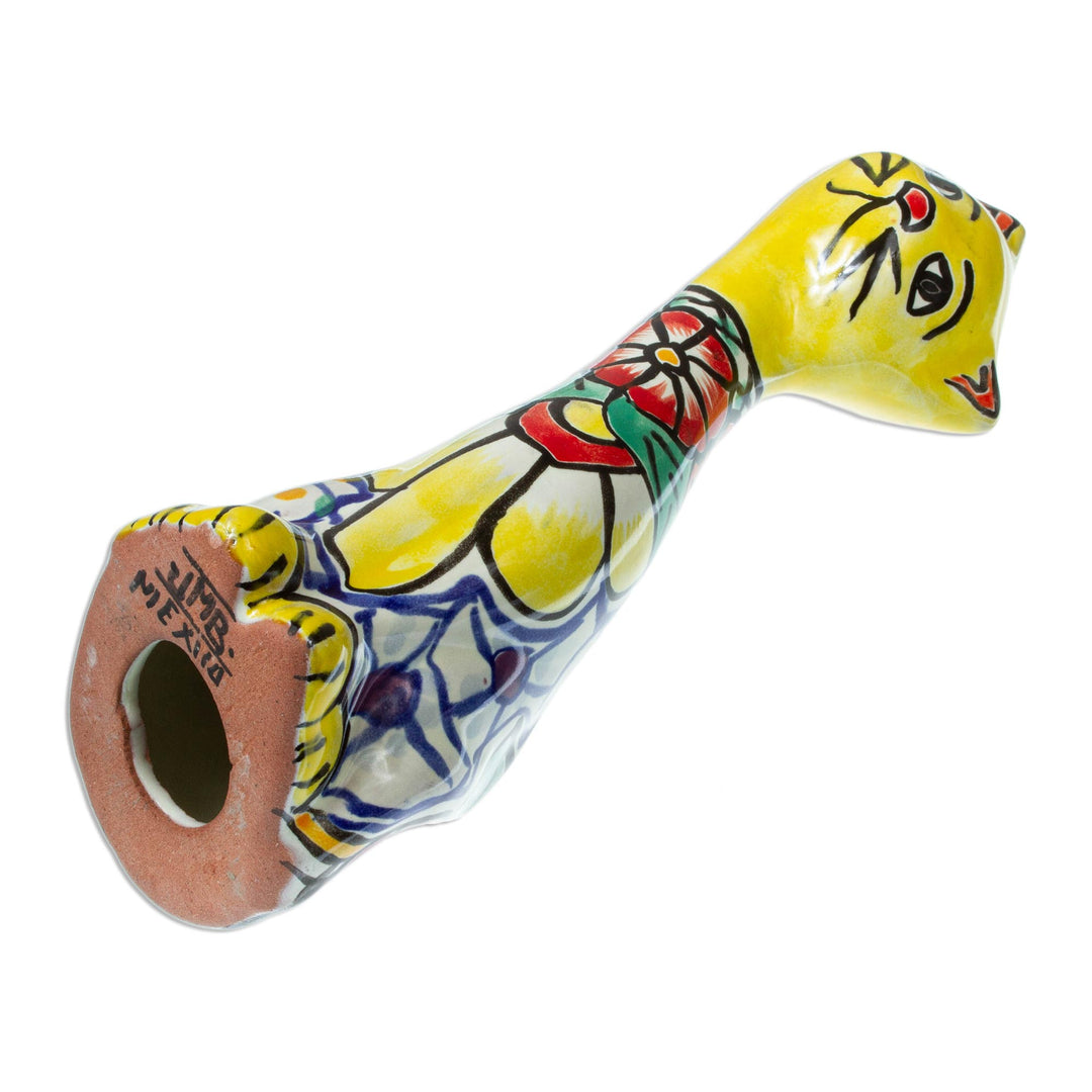 Talavera Style Yellow Floral Ceramic Cat Statuette - Yellow Talavera Cat