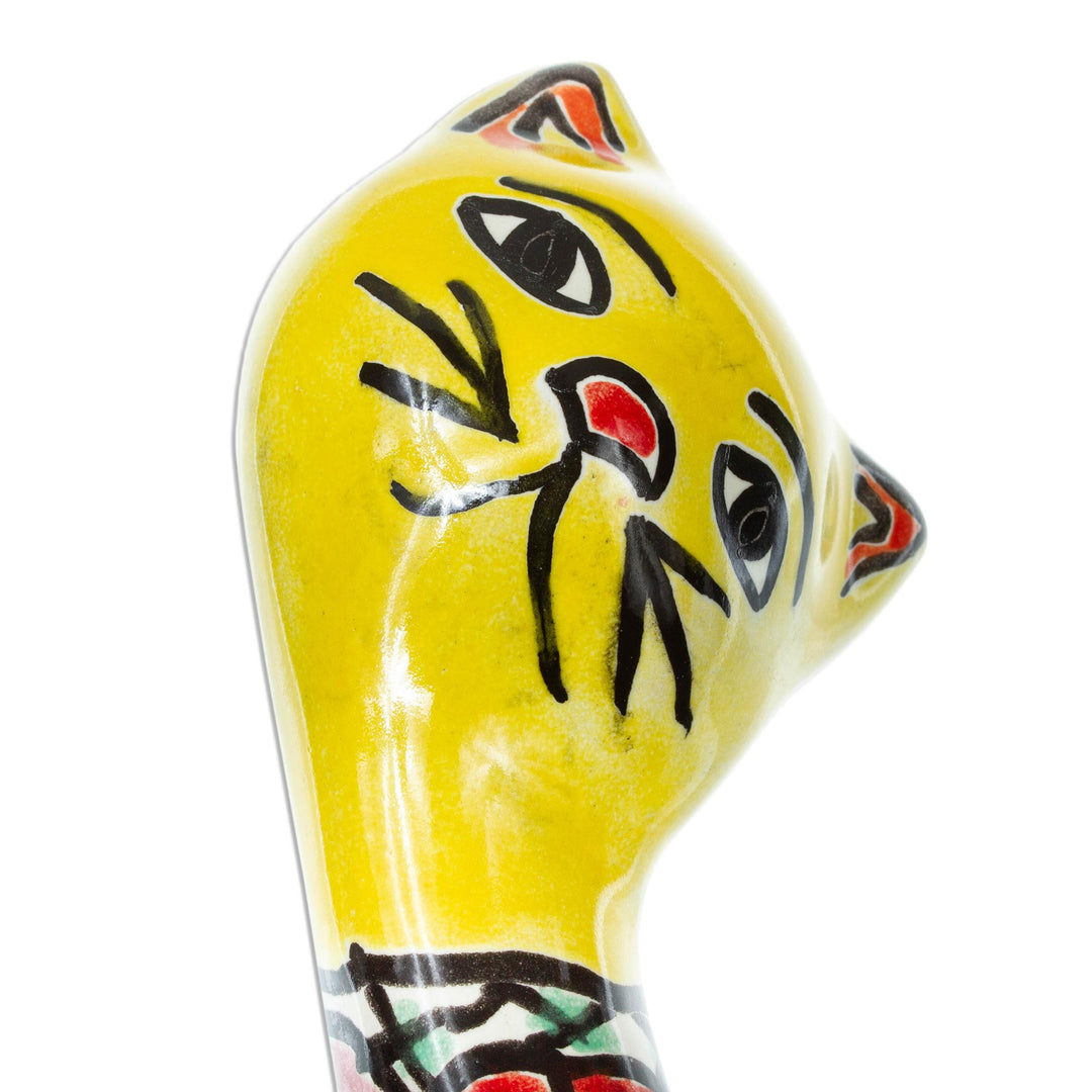 Talavera Style Yellow Floral Ceramic Cat Statuette - Yellow Talavera Cat