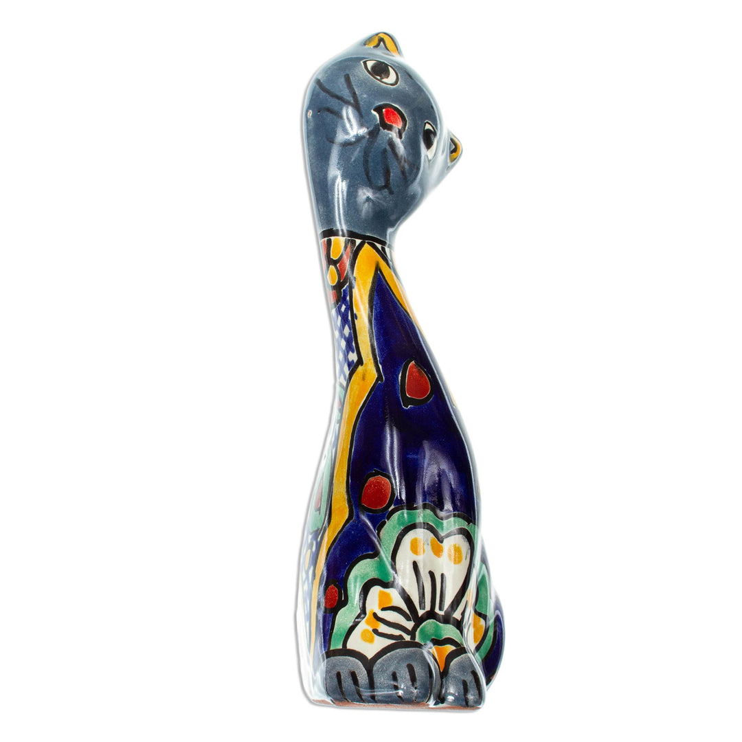 Hand Painted Floral Ceramic Cat Statuette - Blue Talavera Cat