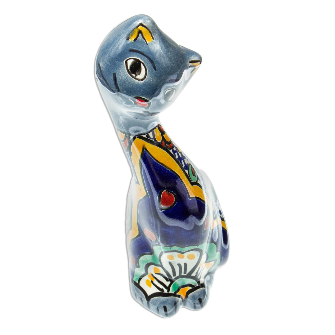 Hand Painted Floral Ceramic Cat Statuette - Blue Talavera Cat