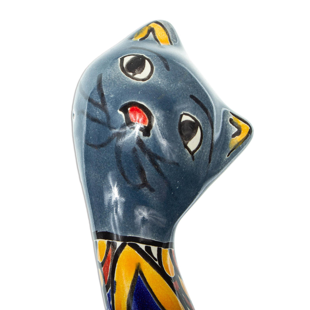 Hand Painted Floral Ceramic Cat Statuette - Blue Talavera Cat