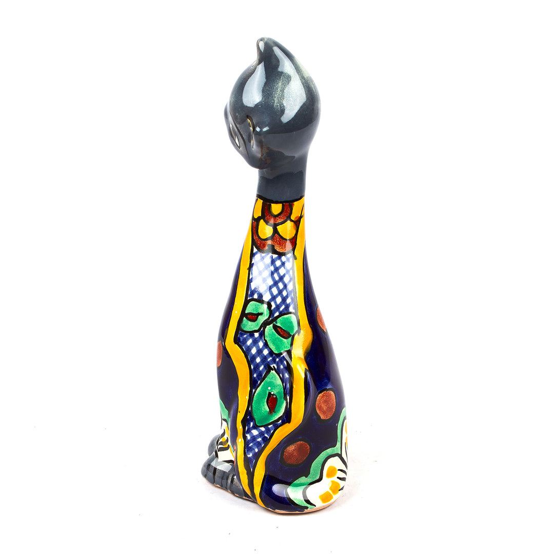 Hand Painted Floral Ceramic Cat Statuette - Blue Talavera Cat
