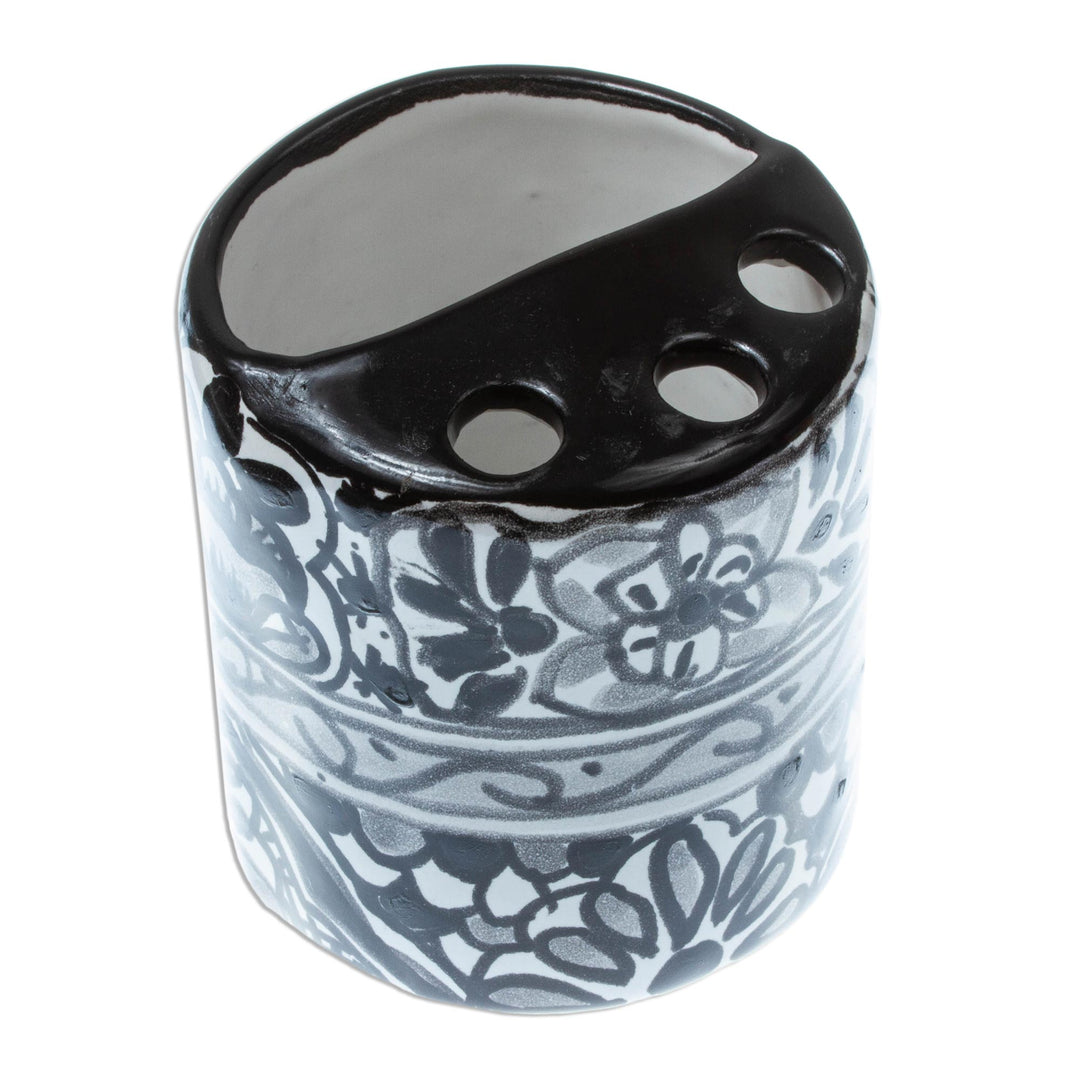 Black and White Hand Painted Ceramic Toothbrush Holder - Monochrome Flowers