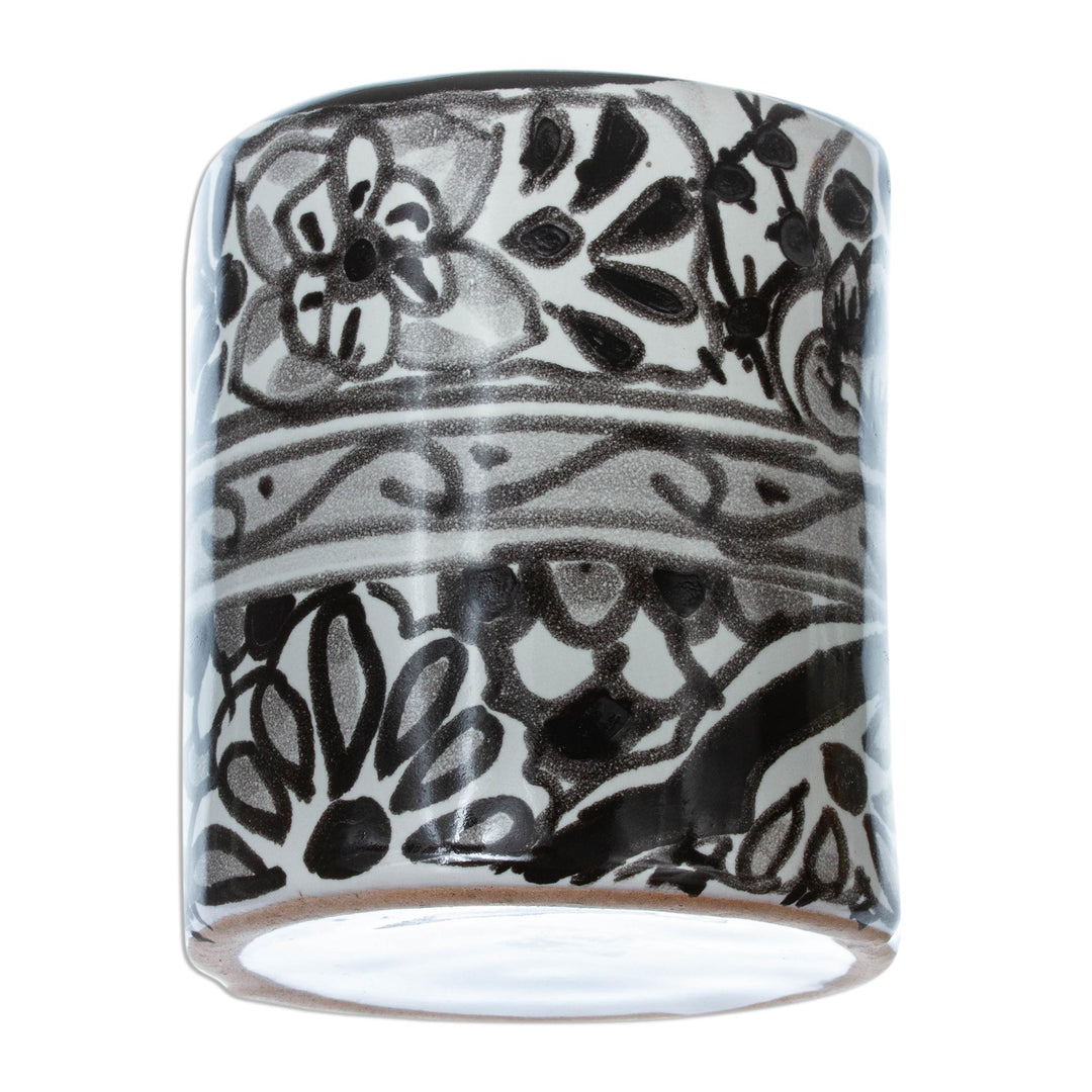 Black and White Hand Painted Ceramic Toothbrush Holder - Monochrome Flowers