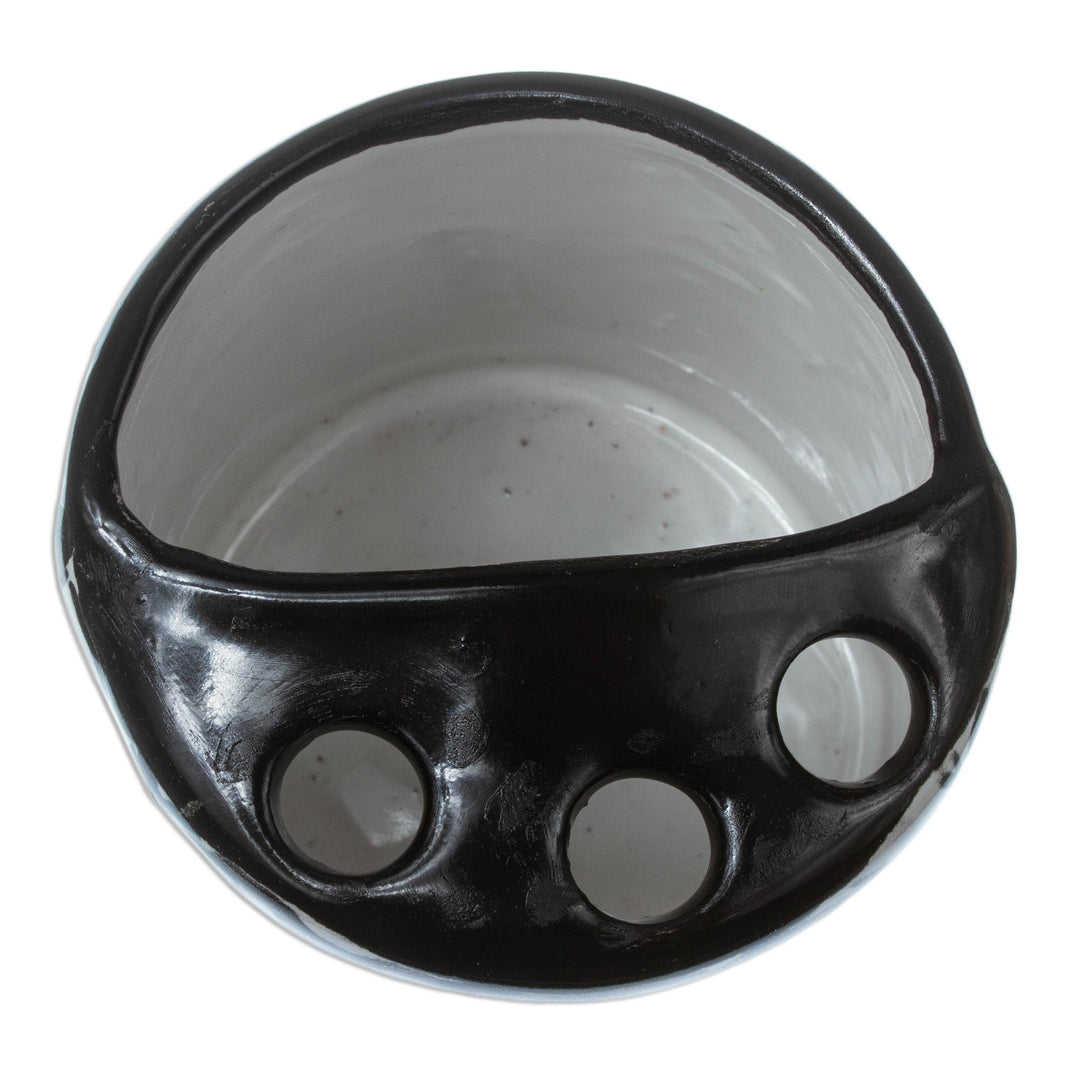 Black and White Hand Painted Ceramic Toothbrush Holder - Monochrome Flowers