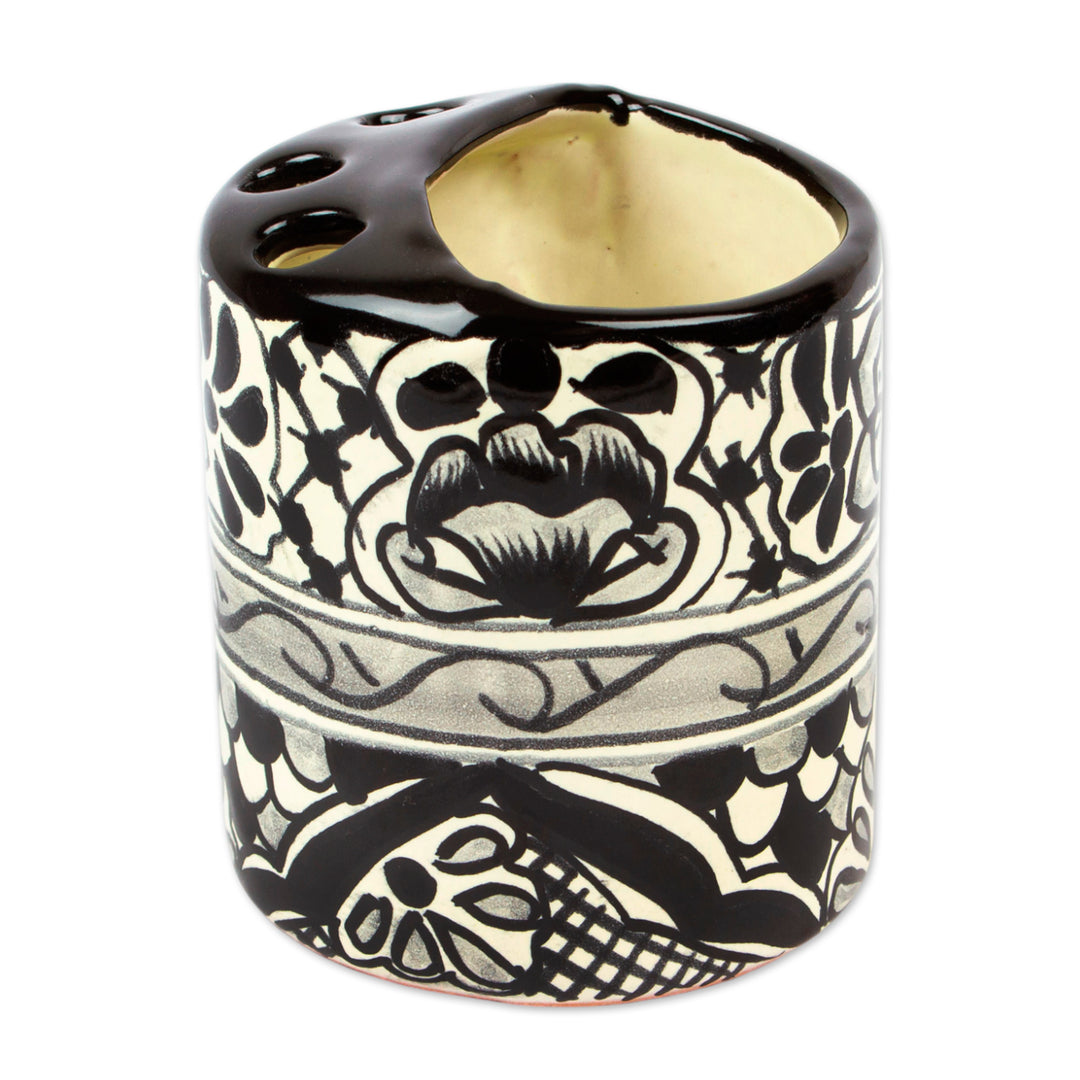 Black and White Hand Painted Ceramic Toothbrush Holder - Monochrome Flowers