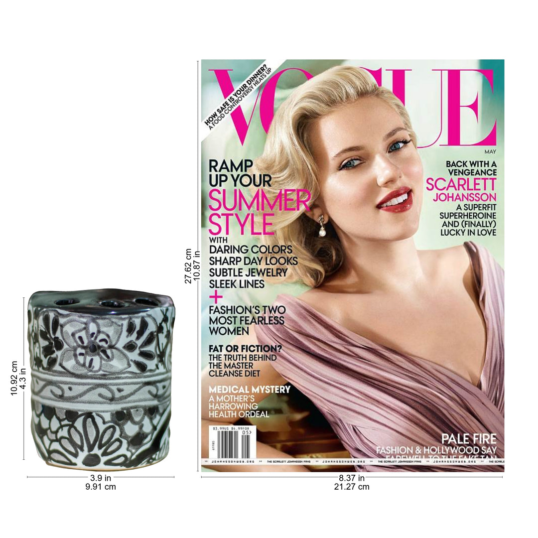 Black and White Hand Painted Ceramic Toothbrush Holder - Monochrome Flowers