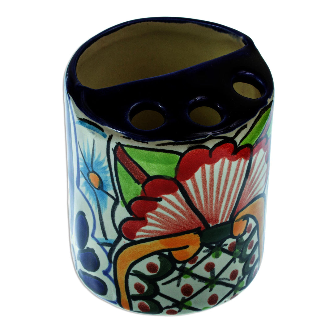 Artisan Crafted Talavera-Style Toothbrush Holder - Talavera Bouquet