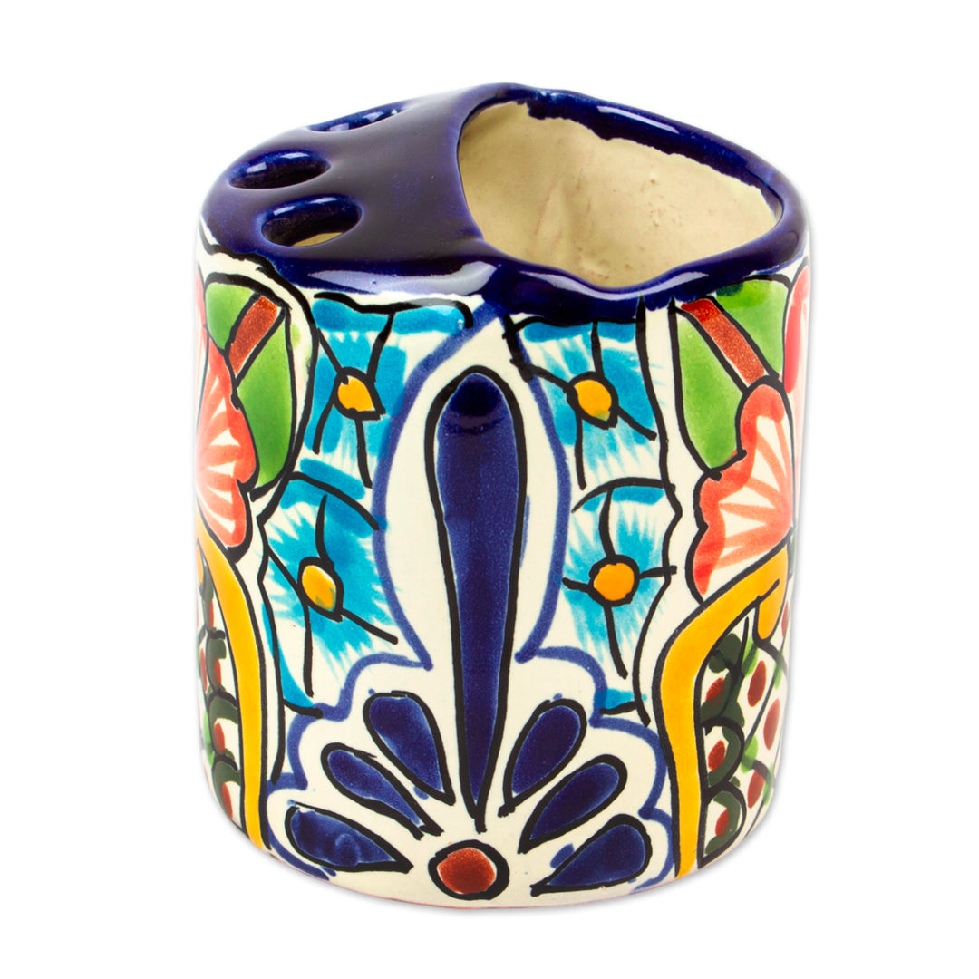 Artisan Crafted Talavera-Style Toothbrush Holder - Talavera Bouquet