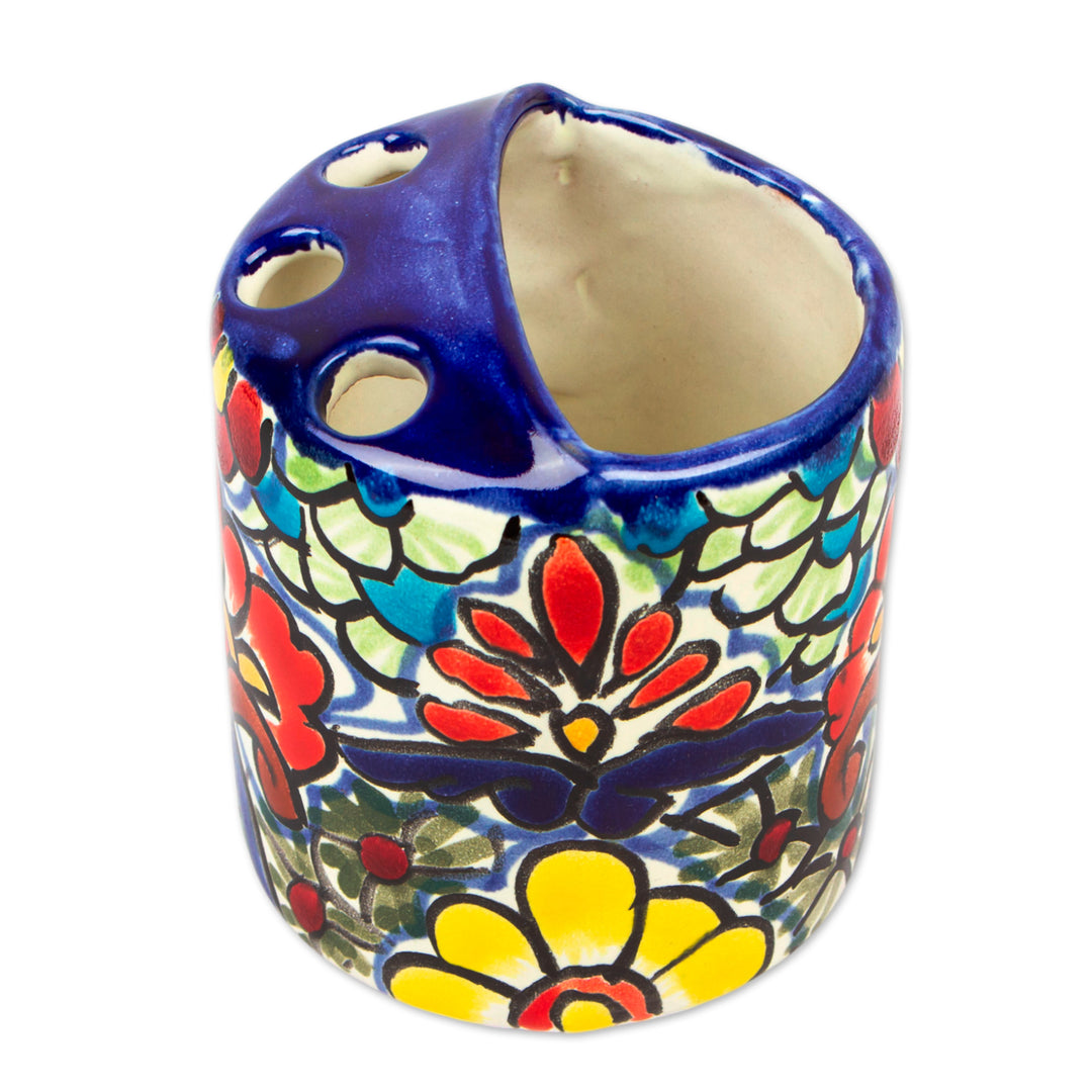Artisan Crafted Multicolored Ceramic Toothbrush Holder - Talavera Flowers