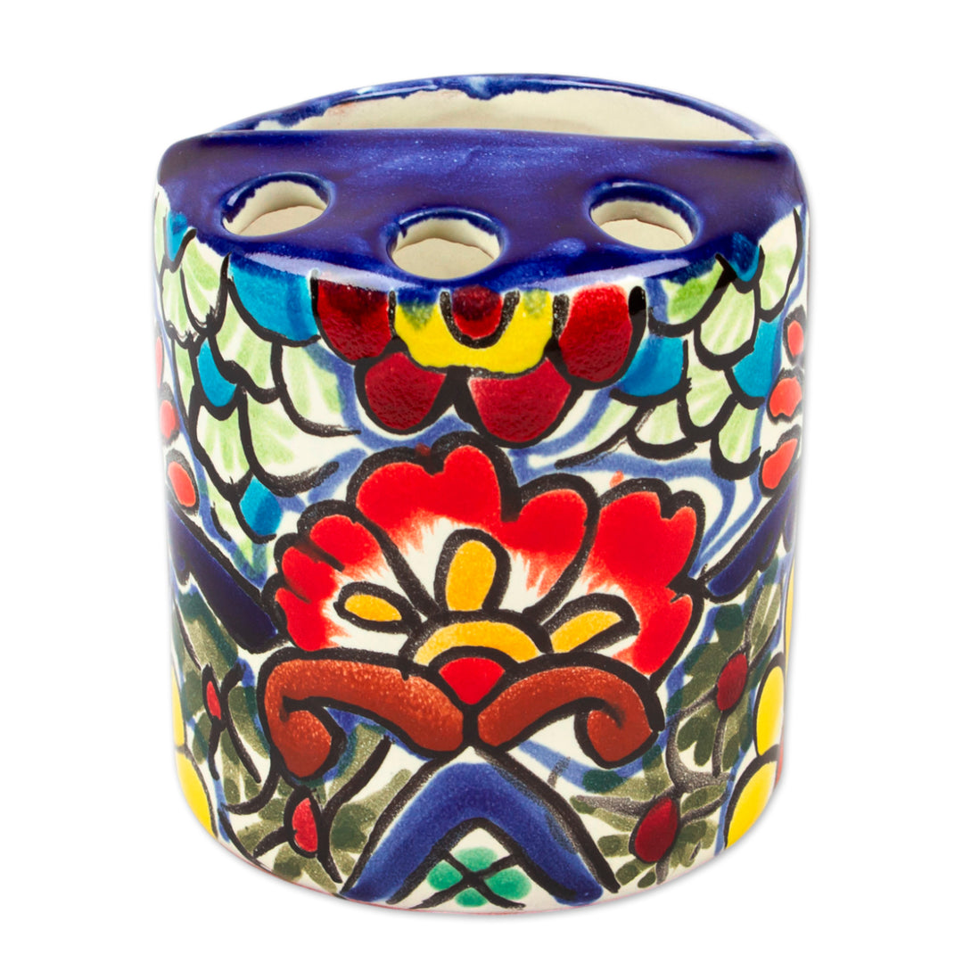 Artisan Crafted Multicolored Ceramic Toothbrush Holder - Talavera Flowers
