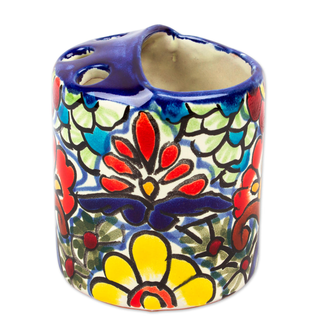 Artisan Crafted Multicolored Ceramic Toothbrush Holder - Talavera Flowers
