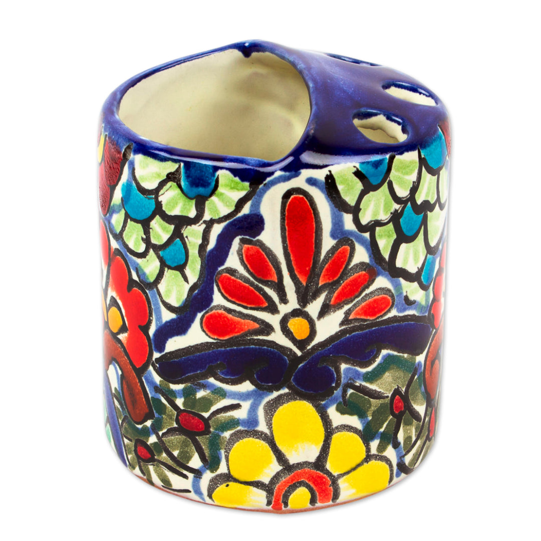 Artisan Crafted Multicolored Ceramic Toothbrush Holder - Talavera Flowers