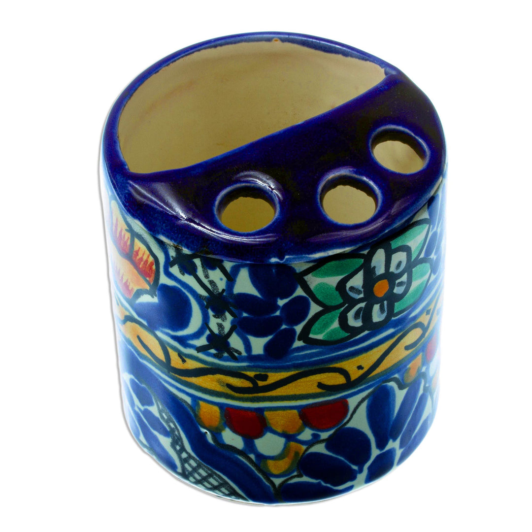 Colorful Ceramic Talavera-Style Toothbrush Holder - Cobalt Flowers