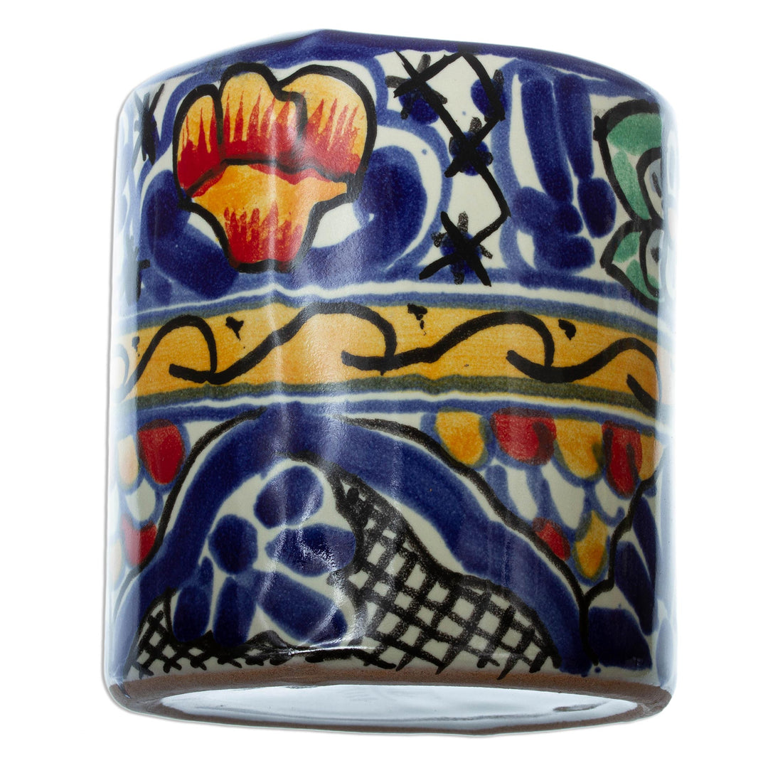 Colorful Ceramic Talavera-Style Toothbrush Holder - Cobalt Flowers