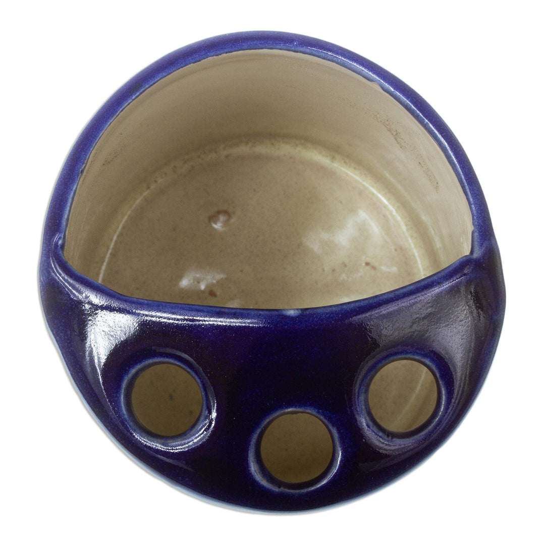 Colorful Ceramic Talavera-Style Toothbrush Holder - Cobalt Flowers
