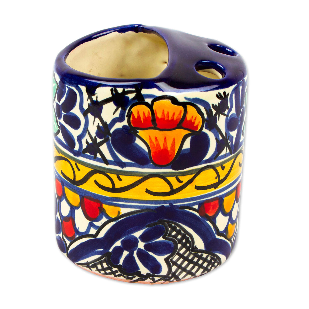 Colorful Ceramic Talavera-Style Toothbrush Holder - Cobalt Flowers