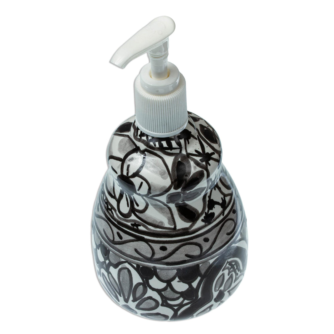 Black and White Ceramic Floral Soap Dispenser - Monochrome Flowers