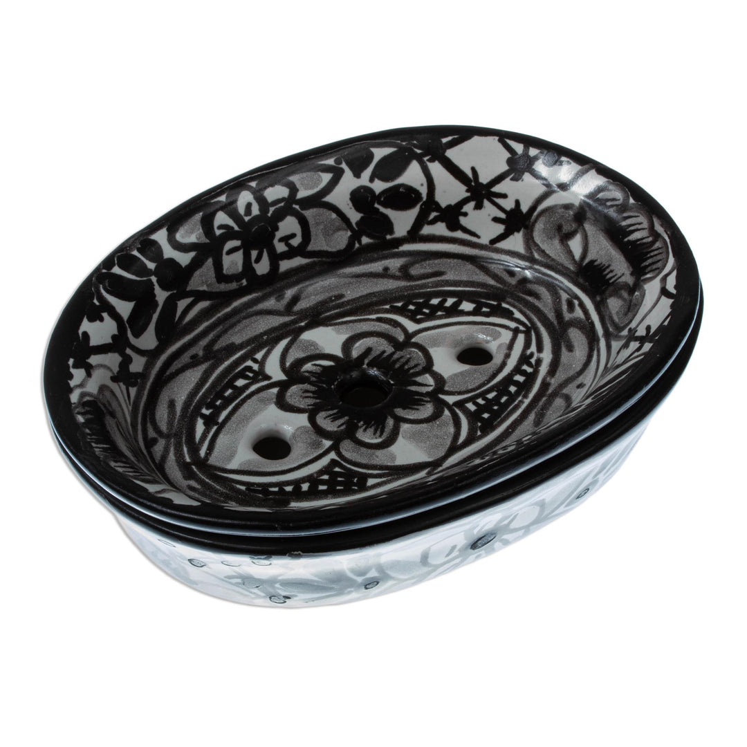 Black and White Ceramic Soap Dish from Mexico - Monochrome Flowers