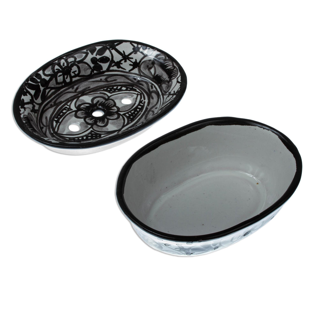 Black and White Ceramic Soap Dish from Mexico - Monochrome Flowers