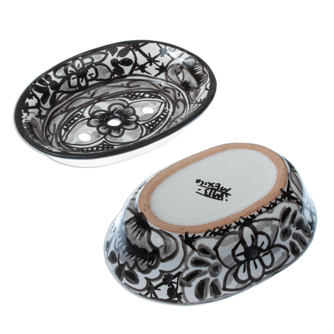 Black and White Ceramic Soap Dish from Mexico - Monochrome Flowers