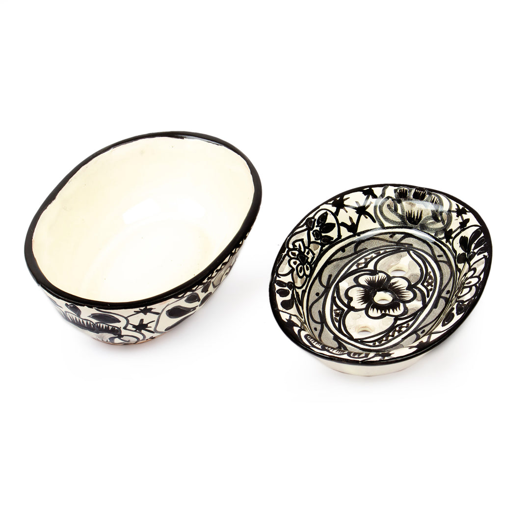 Black and White Ceramic Soap Dish from Mexico - Monochrome Flowers