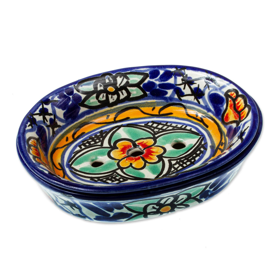 Colorful Hand Painted Ceramic Soap Dish - Cobalt Flowers