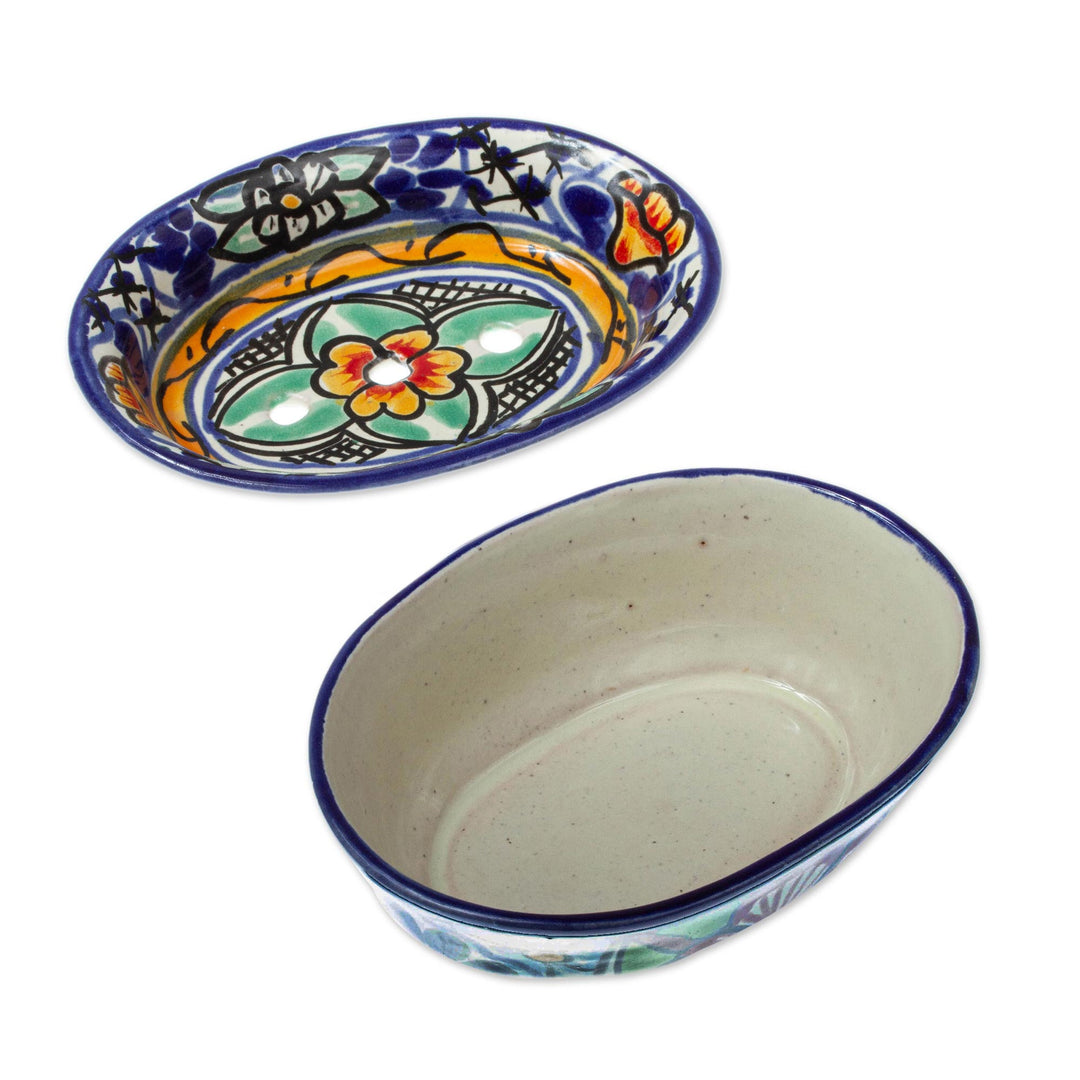 Colorful Hand Painted Ceramic Soap Dish - Cobalt Flowers