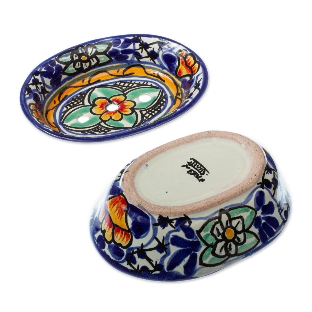 Colorful Hand Painted Ceramic Soap Dish - Cobalt Flowers