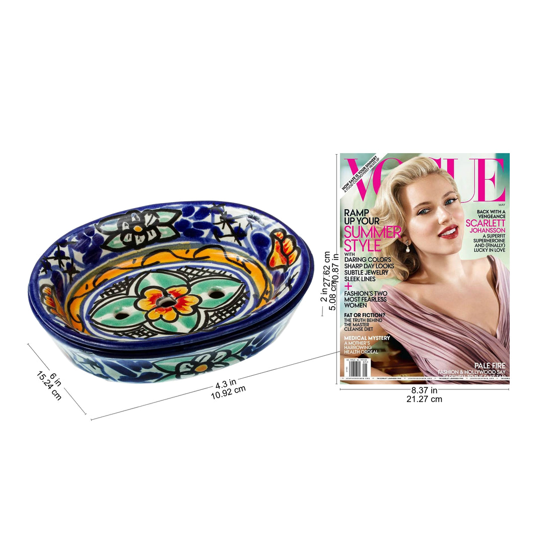 Colorful Hand Painted Ceramic Soap Dish - Cobalt Flowers
