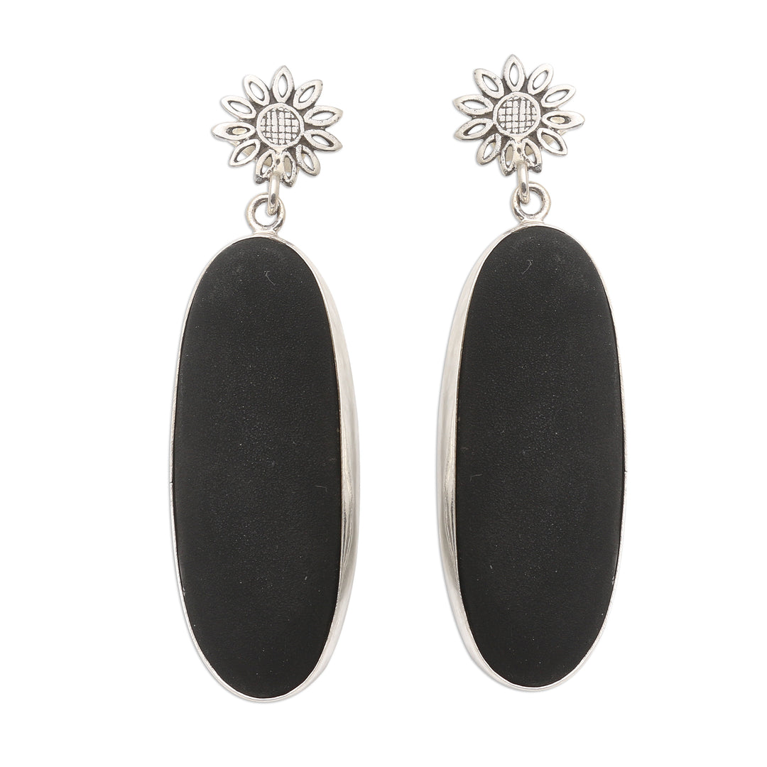 Sterling Silver and Black Lava Stone Oval Dangle Earrings - Long Oval Shadow