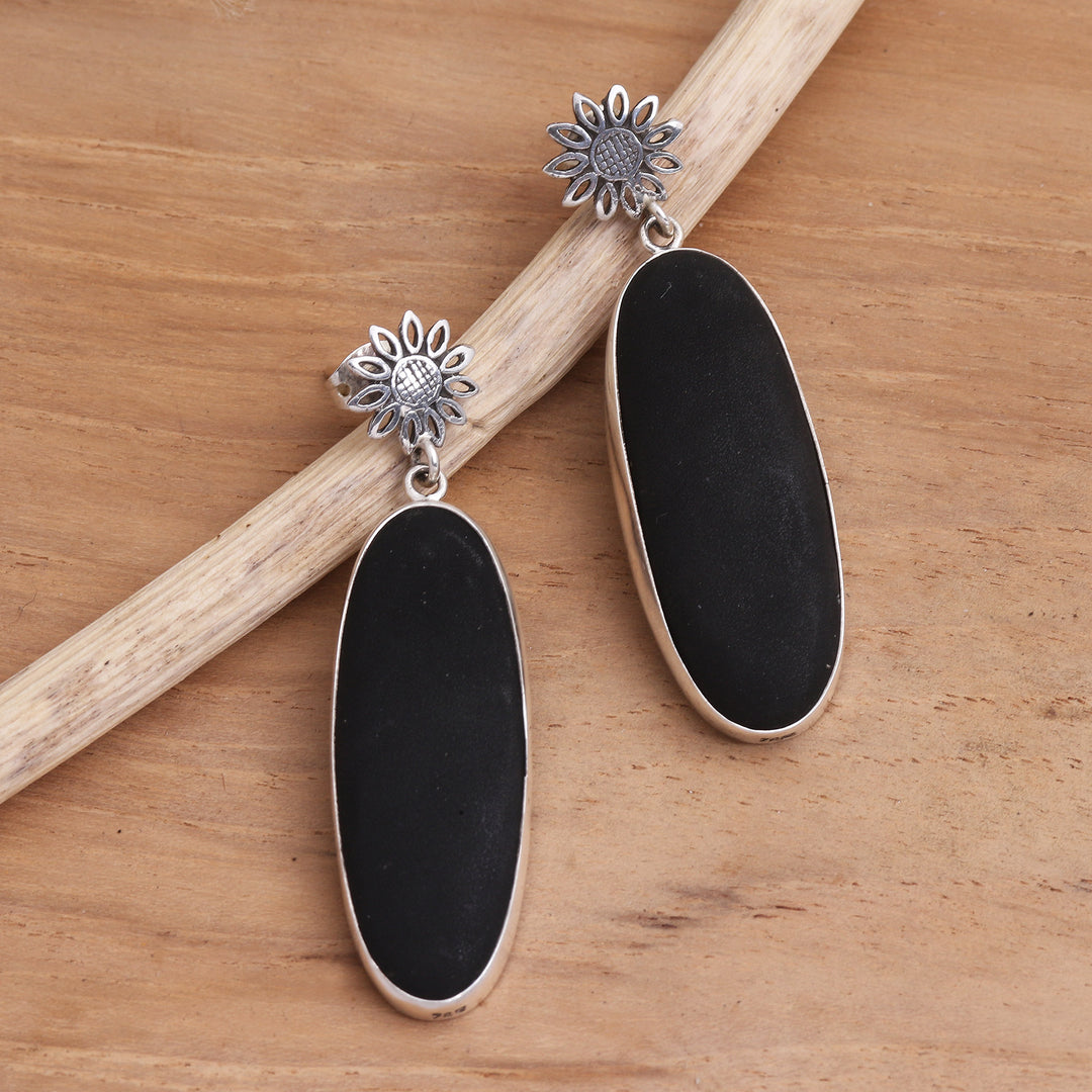 Sterling Silver and Black Lava Stone Oval Dangle Earrings - Long Oval Shadow