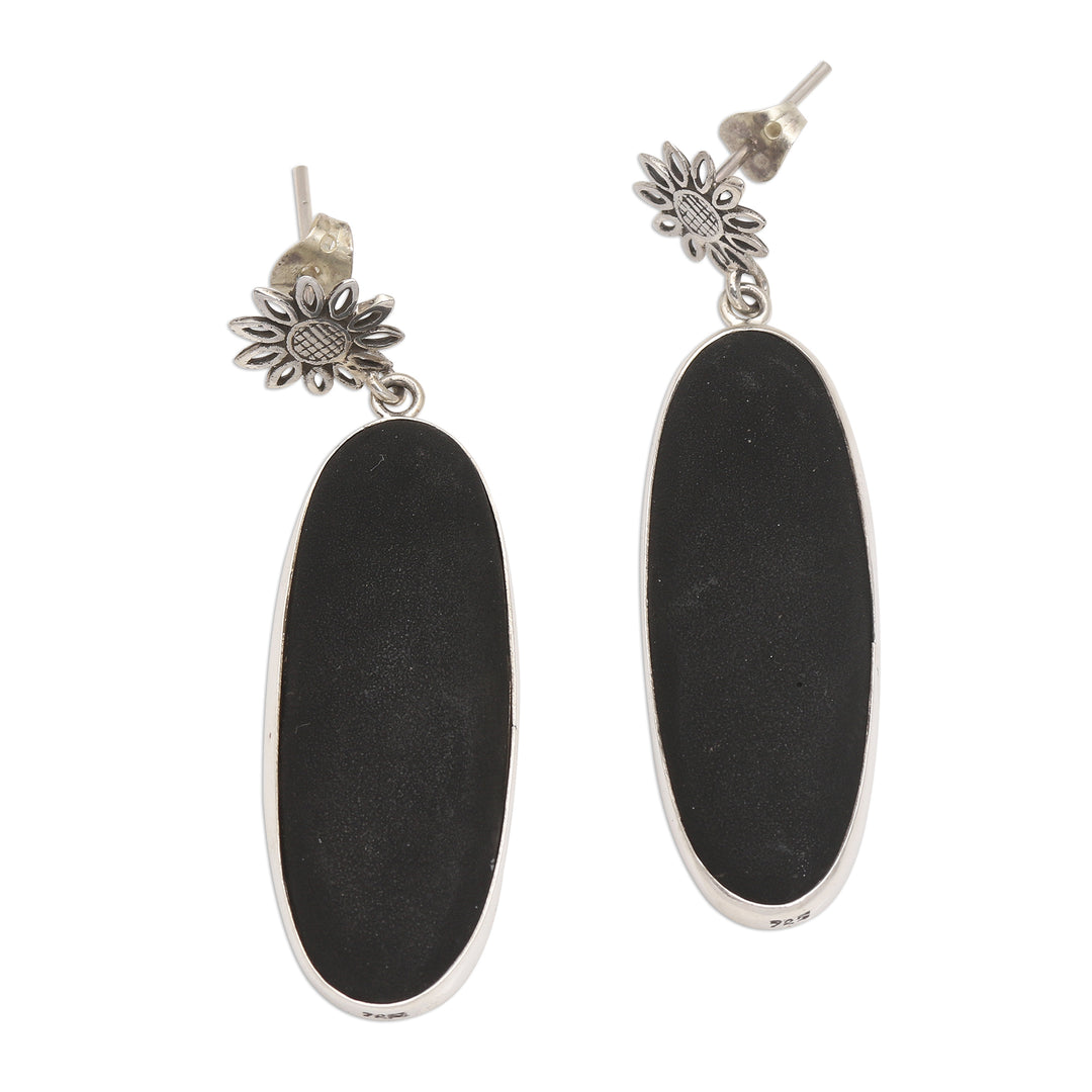 Sterling Silver and Black Lava Stone Oval Dangle Earrings - Long Oval Shadow