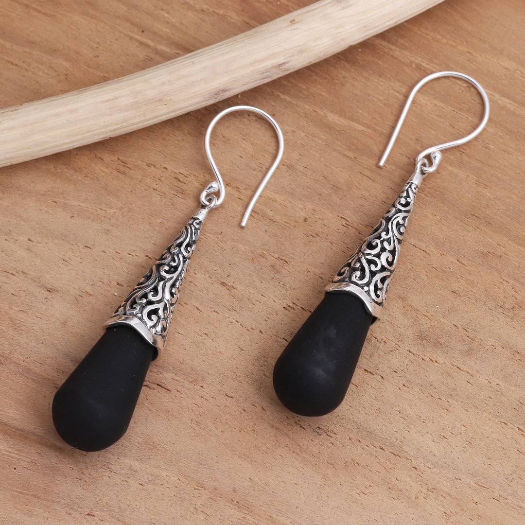 Sterling Silver Dangle Earrings with Black Lava Stone - Traditional Shadow