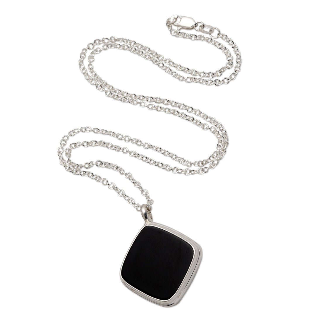 Sterling Silver Square Black Onyx Pendant Necklace - Diagonal Square